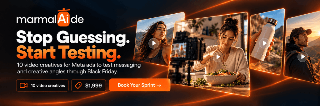 Stop Guessing Start Testing banner for Marmalaide’s 10-video Meta ad creative sprint through Black Friday.
